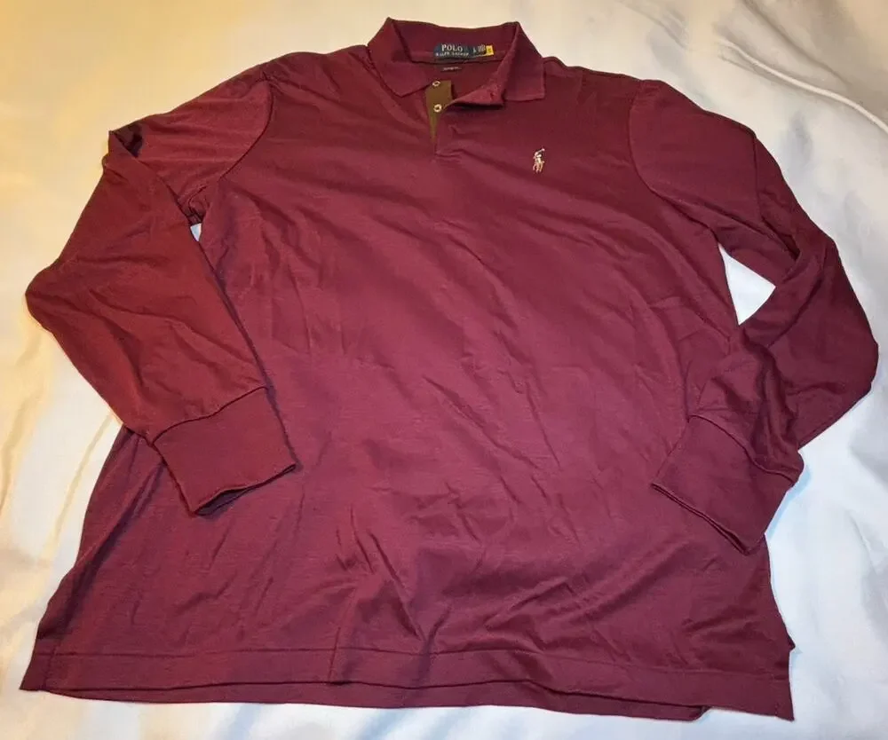 Ralph Lauren Mens Large Burgundy Pima Soft Touch Long Sleeve Polo Shirt